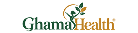 GhamaHealth® logo in muted green and gold with integrated botanical female figure