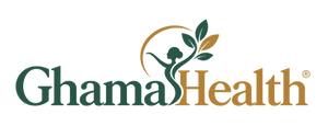 GhamaHealth® logo in muted green and gold with integrated botanical female figure
