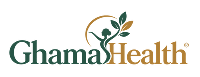 GhamaHealth® logo in muted green and gold with integrated botanical female figure
