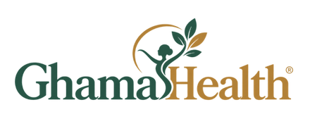 GhamaHealth® logo in muted green and gold with integrated botanical female figure