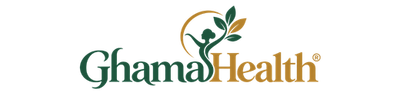 GhamaHealth® logo in muted green and gold with integrated botanical female figure