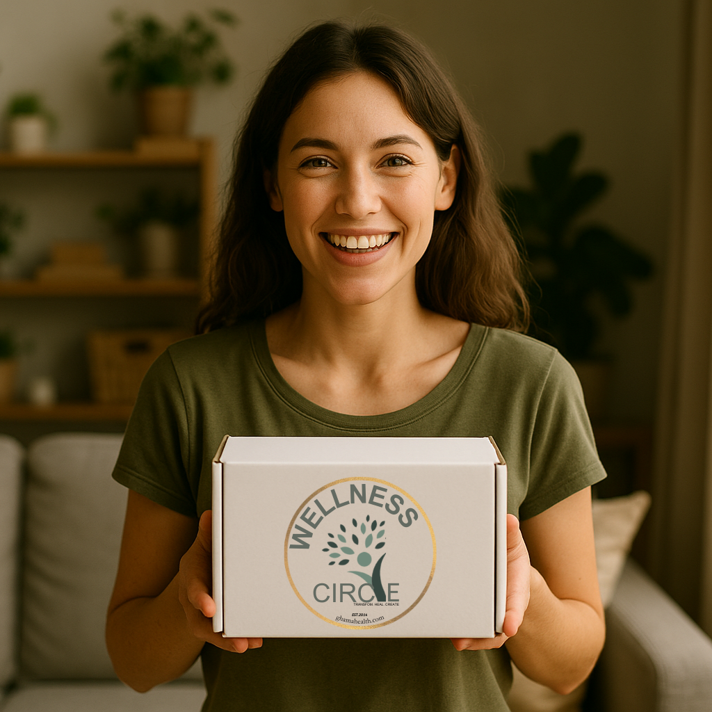 young woman holding a parcel box in green t-shirt
