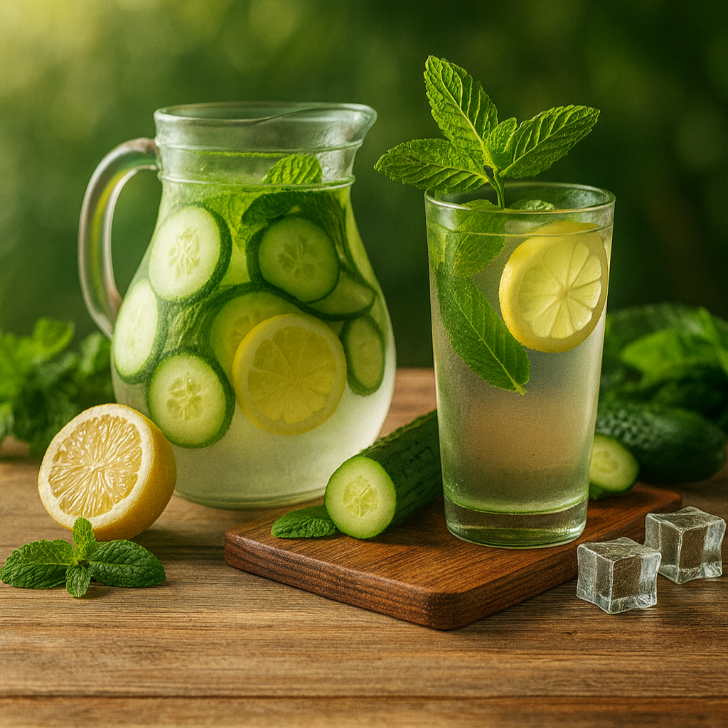 Cucumber lemon water in a glass and pitcher on a wooden table with fresh ingredients.