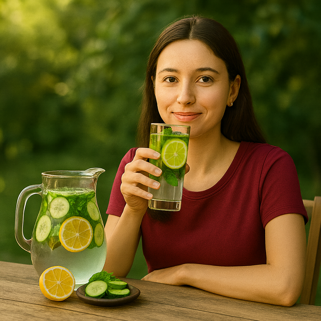 Young woman enjoying cucumber mint water at an outdoor table, with a jug and glass of infused water beside her