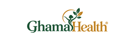 Ghama Health logo on a white background, featuring dark green and golden-brown lettering with a stylized green tree and leaf emblem above.